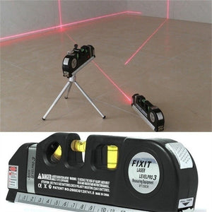 Laser level projecting crosshair lines on tripod and close-up of Level Pro 3 label