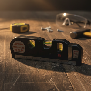 Laser level tool on workbench with tape measure and hammer