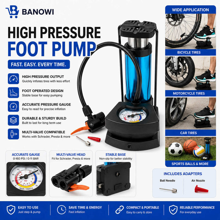 Foot & Hand Air Pump with Pressure Gauge - Portable Tire Inflator