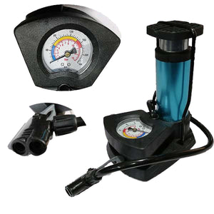 Air pump pressure gauge close-up and dual nozzle adapter detail