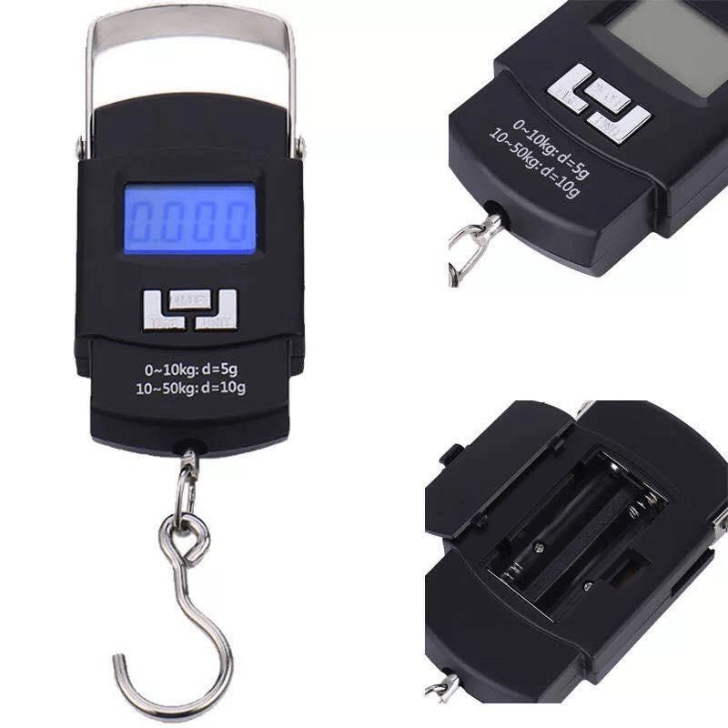 Digital hanging luggage scale close-up with LCD display, hook, and battery compartment