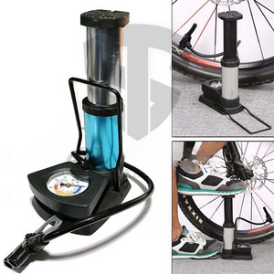 Foot air pump being used to inflate a bicycle tire