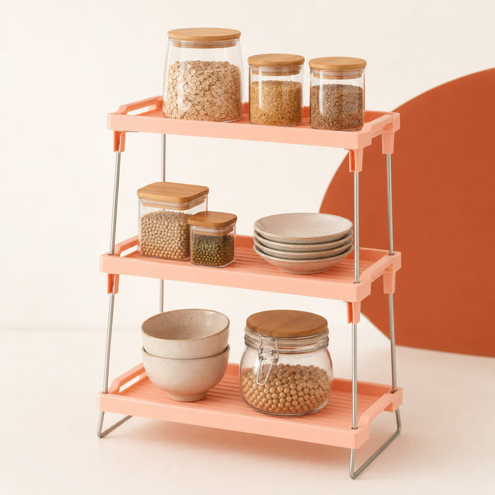 Three-tier foldable peach metal kitchen shelf organizer