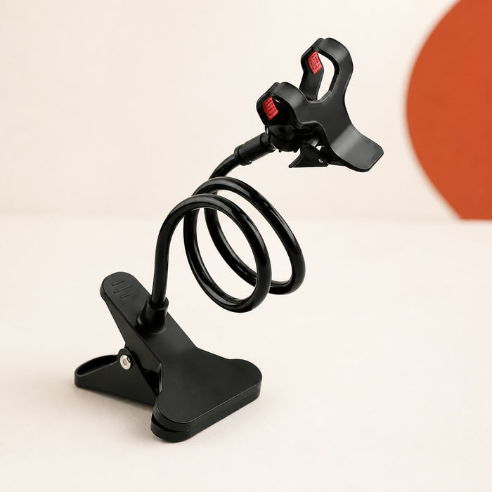 Black flexible gooseneck phone holder with clamp base